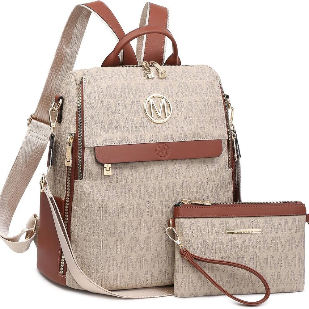 Beige and Brown Women's Backpack Tote with Wristlet by Unknown Brand